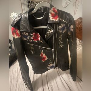 Malibu Road flower embroidered black leather jacket with silver hardware